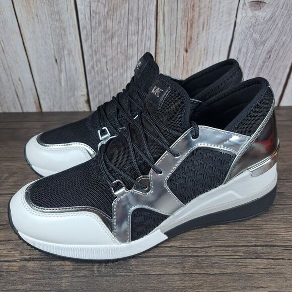 Michael Michael Kors Liv Trainer Mini MK Logo Wedge Sneaker Women's Sz 8 M Black - Picture 1 of 9